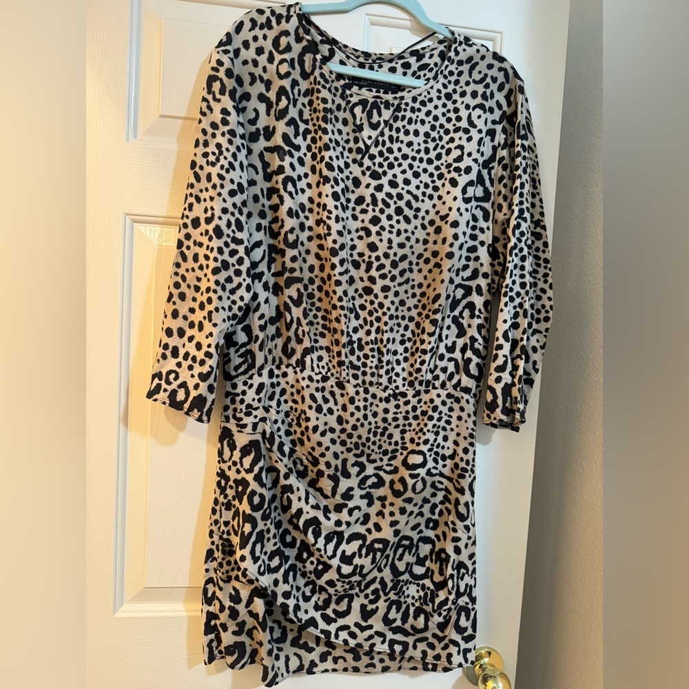 Zara Dress Womens Size L 3/4 Sleeve Leopard Print Mini Wrap Front